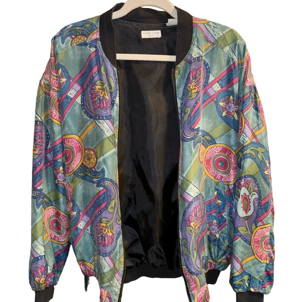 100% SILK VINTAGE| RARE ROBERT STOCK LIMITED| BOMBER‎ JACKET| SIZE MEDIUM